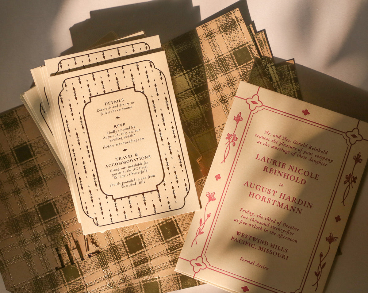 Vintage-style wedding invitations on a textured surface