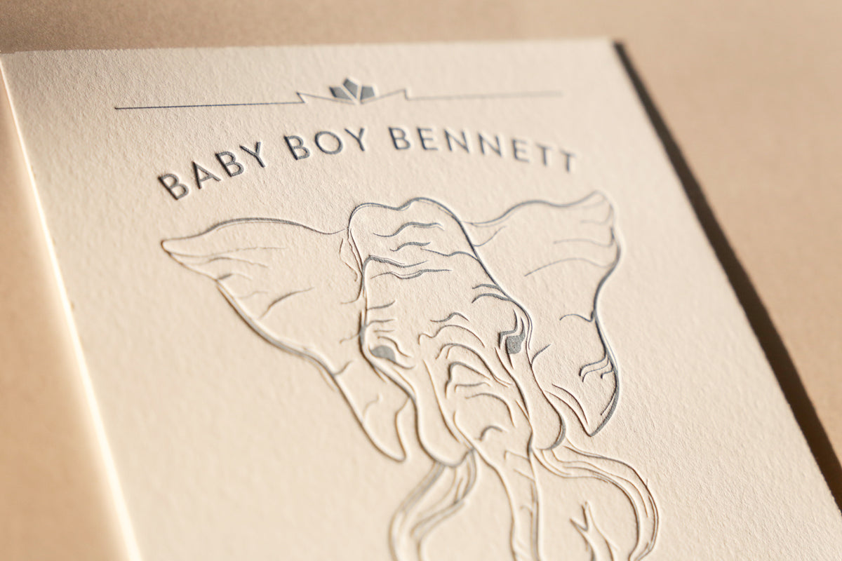 Baby shower invitation with elephant design and text on a beige background
