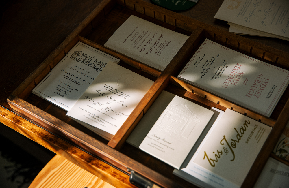 wooden letterpress tray with wedding invitations
photo by Alyssa Broadus