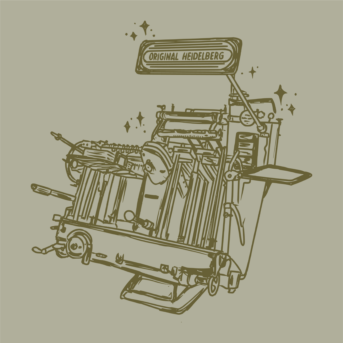 Illustration of a printing press with 'Original Heidelberg' branding on a beige background